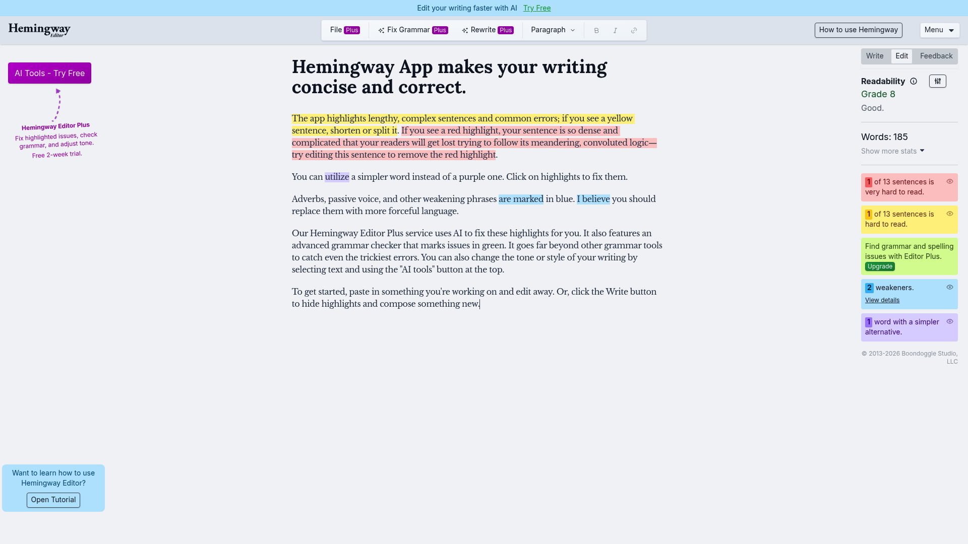 Hemingway Editor — AI Content Writing / AI Copywriting